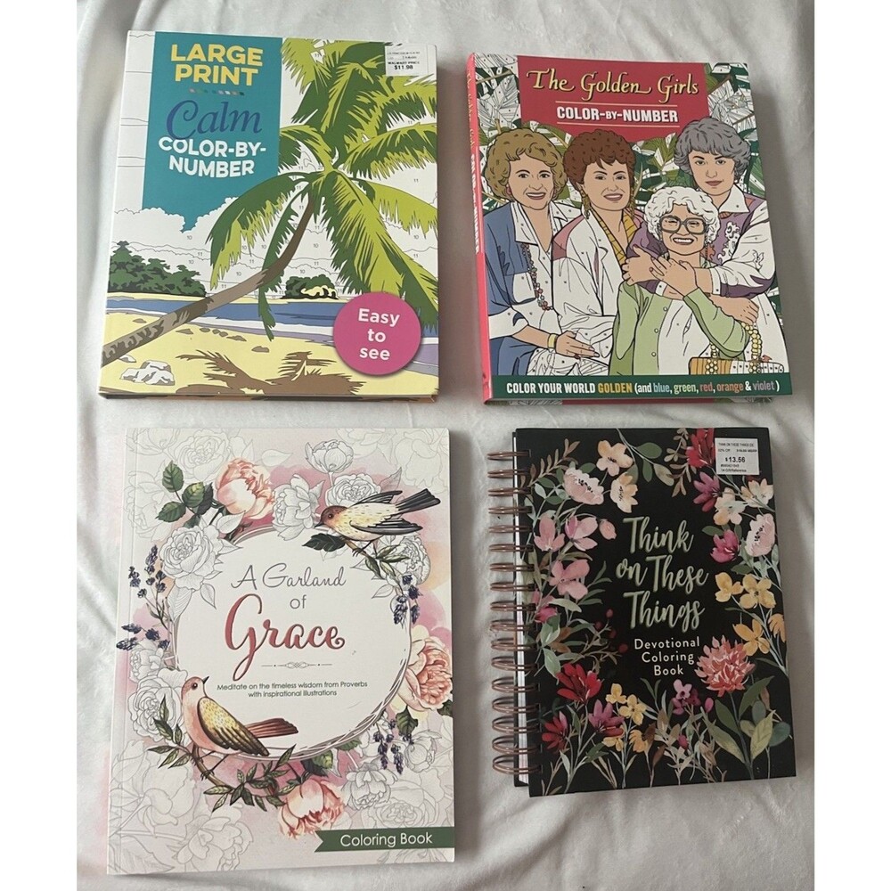 Lot of 4 Brand New Adult Coloring Books Including Calm Color-by-Numbers English